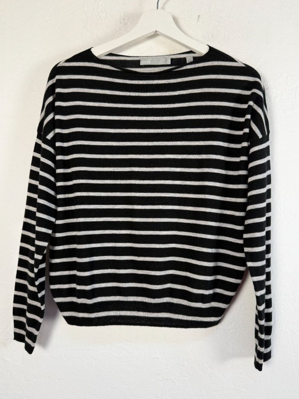Vince Women's Sweater Black Grey Striped Boatneck Knit Top XS Wool Cashmere